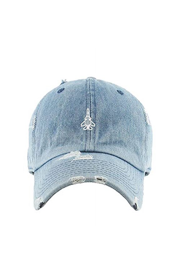 Fighter Plane Vintage Baseball Cap Embroidered Cotton Adjustable Distressed Dad Hat Light Denim