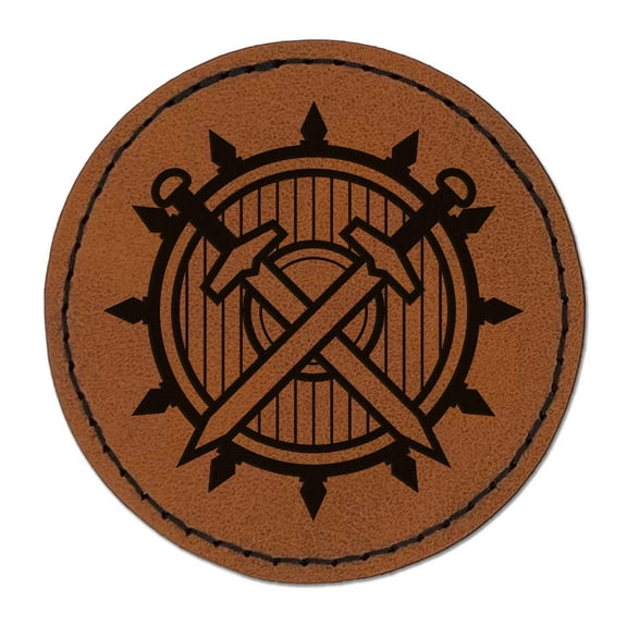 Fighter Warrior Sword and Shield 2.5" Faux Leather Round Engraved Iron-On Patch - Brown