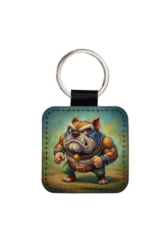 Fighting Bulldog Cartoon Faux Leather Square Keychain