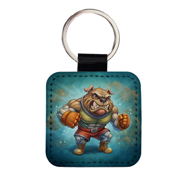 Fighting Bulldog School Mascot Faux Leather Square Keychain