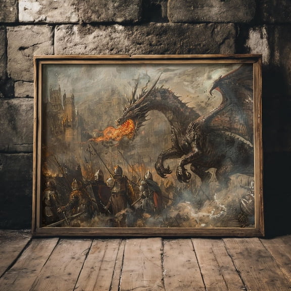 Fighting Dragon Poster Dark Fantasy Medieval DND Battle Wall Art