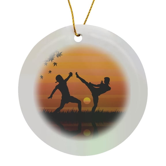 3drose, Fighting People with Sunset in the Background Muay Thai Kickboxing, Circle Porcelain Ornament