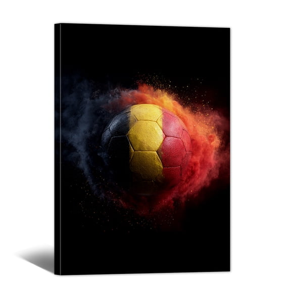 Fighting Soccer Canvas Wall Art, Belgium Flag with Football in Space Picture Prints on Canvas Modern Paintings Home Decor for Living Room, Bedroom, Bathroom
