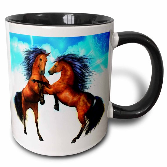 3drose, Fighting Stallions Two Very Beautiful Stallions Reared up in Battle, 11oz Two-tone Black Mug