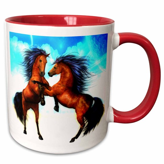 3drose, Fighting Stallions Two Very Beautiful Stallions Reared up in Battle, 11oz Two-tone Red Mug