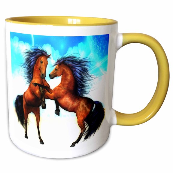 3drose, Fighting Stallions Two Very Beautiful Stallions Reared up in Battle, 11oz Two-tone Yellow Mug