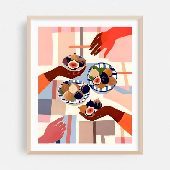 Figs & Fika - Illustration Modern Art Fruit Abstract Geometric Kitchen Decor Pastel Oak Framed Wall Art Print 9 x 12 inches