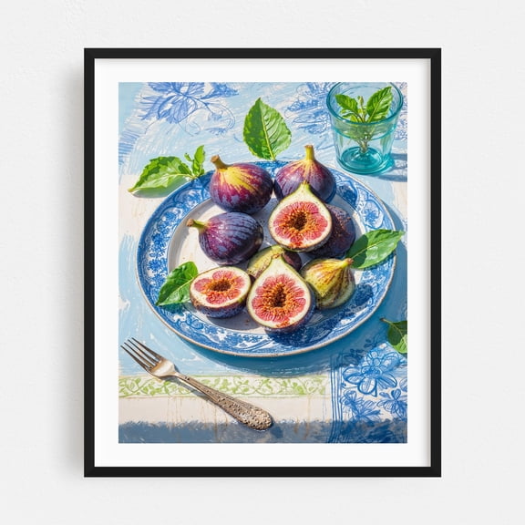 Figs Wall Art Print — Mediterranean Fruit Still Life Poster, Kitchen Dining Room Coastal Decor - Mixed Media Fruit Botanical Kitchen Decor Floral Summer Black Framed Wall Art Print 5 x 7 inches