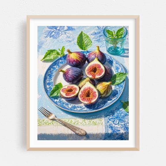 Figs Wall Art Print — Mediterranean Fruit Still Life Poster, Kitchen Dining Room Coastal Decor - Mixed Media Fruit Botanical Kitchen Decor Floral Summer Garden Oak Framed Wall Art Print 5 x 7 inches