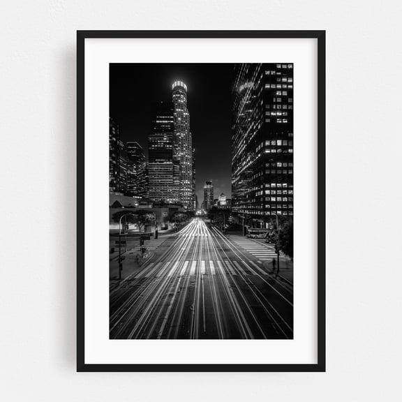 Figueroa & 5th B&W - Los Angeles California Photography Black and White City Cityscape Nightlife Street Photography Architecture Skyline Black Framed Wall Art Print 5 x 7 inches