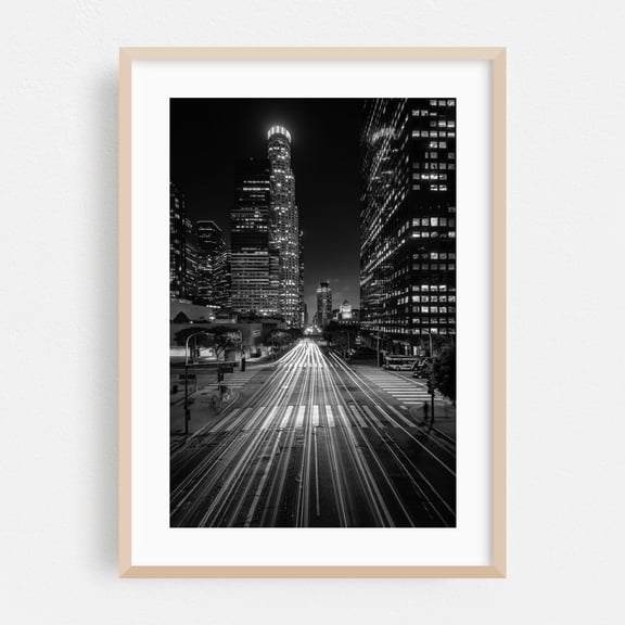 Figueroa & 5th B&W - Los Angeles California Photography Black and White City Cityscape Nightlife Street Photography Architecture Skyline Oak Framed Wall Art Print 5 x 7 inches