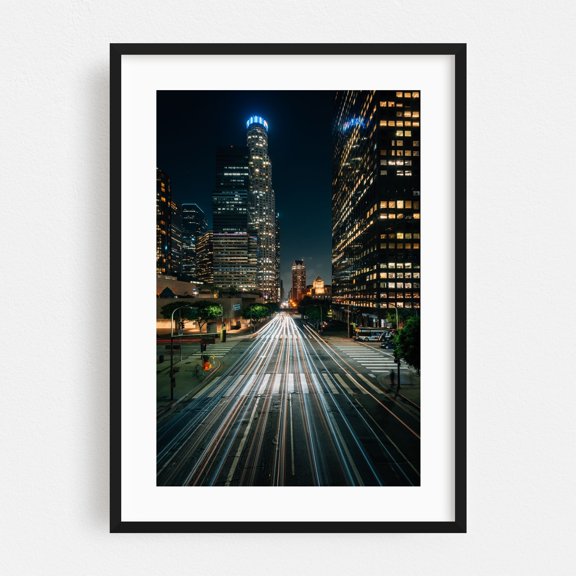 Figueroa & 5th - Los Angeles California Photography City Nightlife Skyline Architecture Street Photography Night Sky Black Framed Wall Art Print 5 x 7 inches