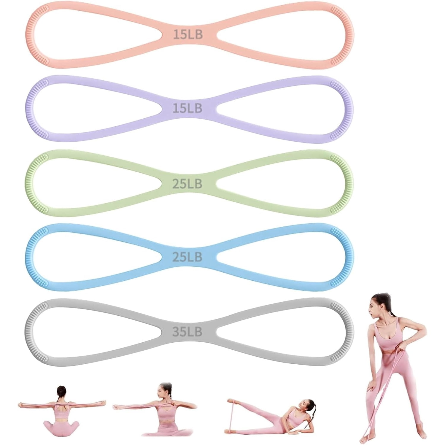 Figure 8 Resistance Bands – 3-Level Strength Training Band (15/25/35 lbs) with Handles, Natural Latex, Non-Slip Grip, Portable for Home Gym, Yoga, Pilates & Travel