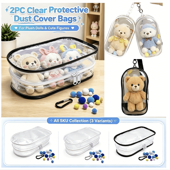Figure Dust Proof Display Storage Bag, Clear Storage Pouch with Zipper, Small Travel Pouch, Vinyl Storage Organizer, 2 Pack 8X6X2.75 Inch Transparent Protective Dust Cover Bag