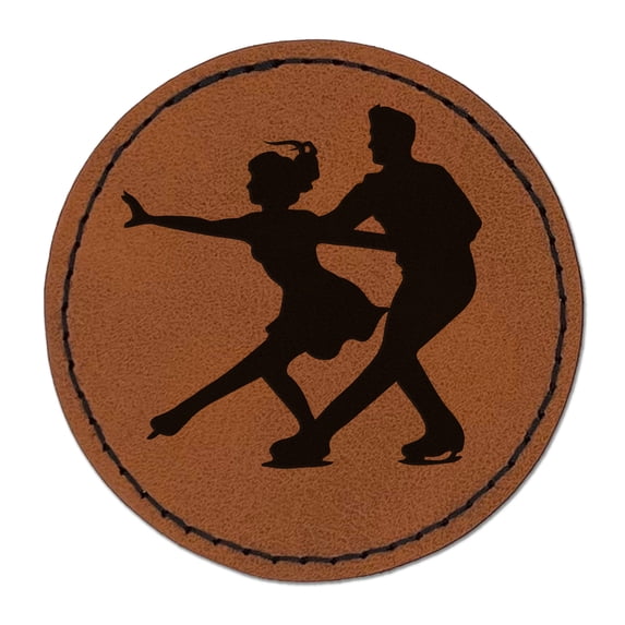 Figure Skating Couple Ice Skaters 2.5" Faux Leather Round Engraved Iron-On Patch - Brown