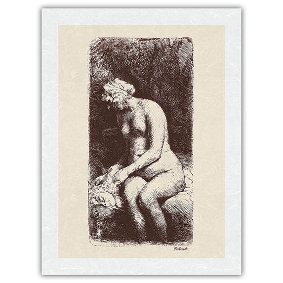 Figure Woman Bathing - From an Original Etching and Drypoint by Rembrandt Harmenszoon van Rijn c.1658 - Japanese Unryu Rice Paper Art Print (Unframed) 18 x 24 in