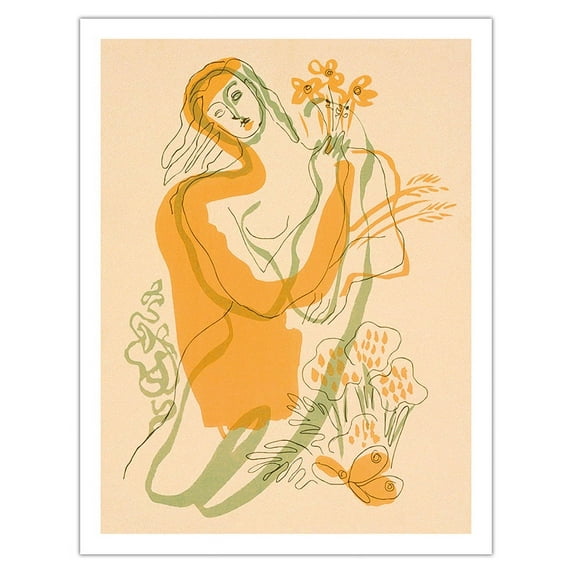 Figure Woman with Flowers - From an Original Watercolor Painting c.1940 - Fine Art Matte Paper Print (Unframed) 20x26in