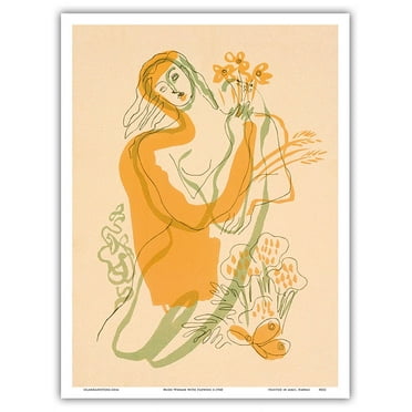Figure Woman with Flowers - From an Original Watercolor Painting c.1940 - Master Art Print (Unframed) 9in x 12in