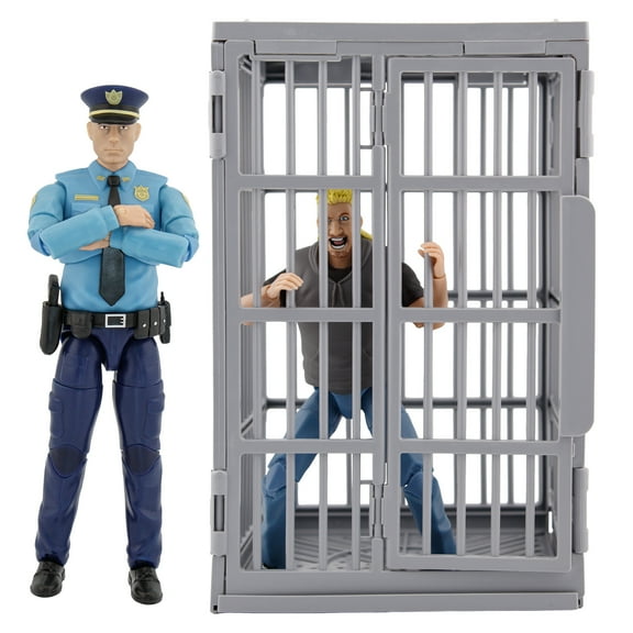 Figures Toy Company Ultimate 6.5 Inch Police Officer Figure, Criminal + Jail Cell Accessory Set