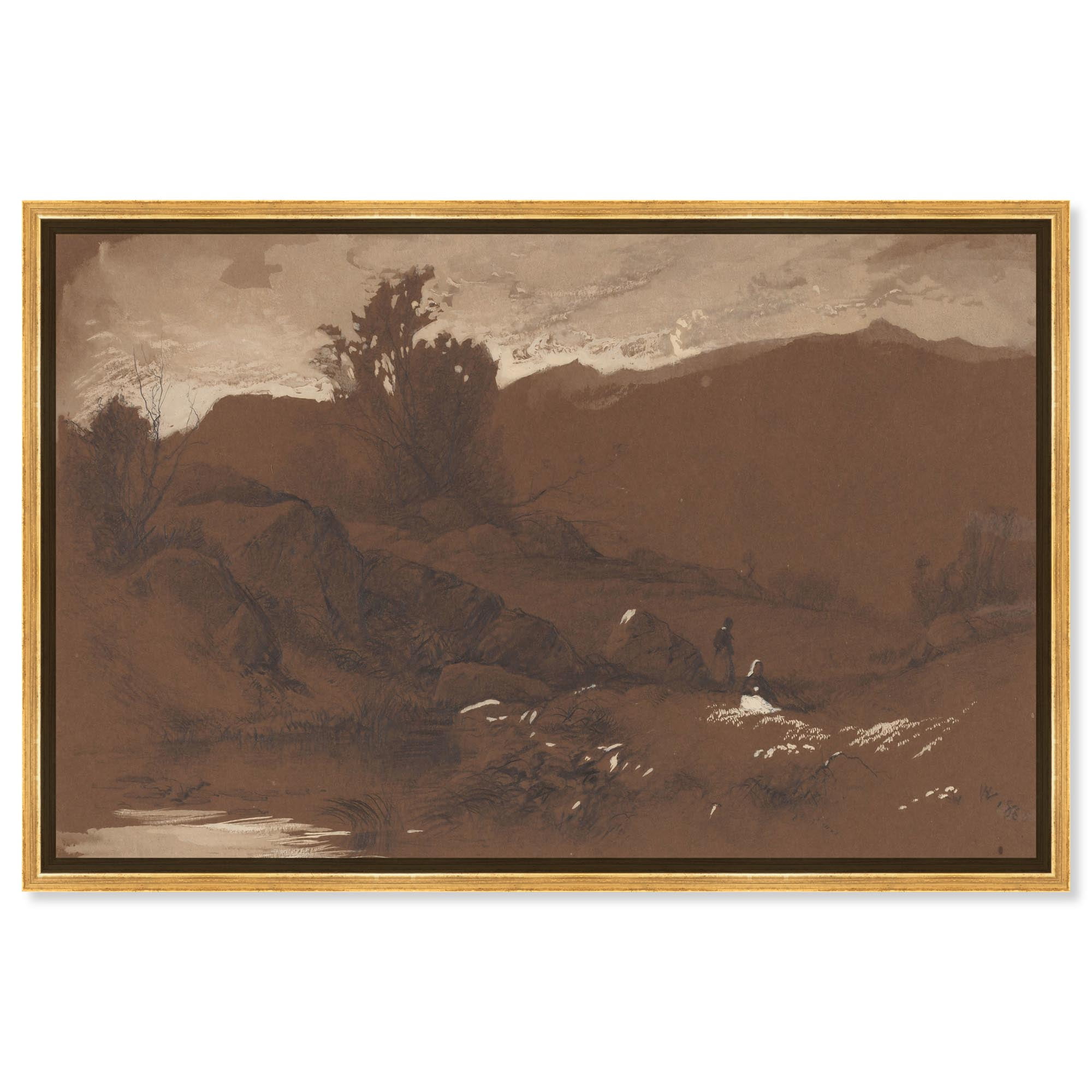 Vintage Brown Landscape Print on Canvas with Gold Frame