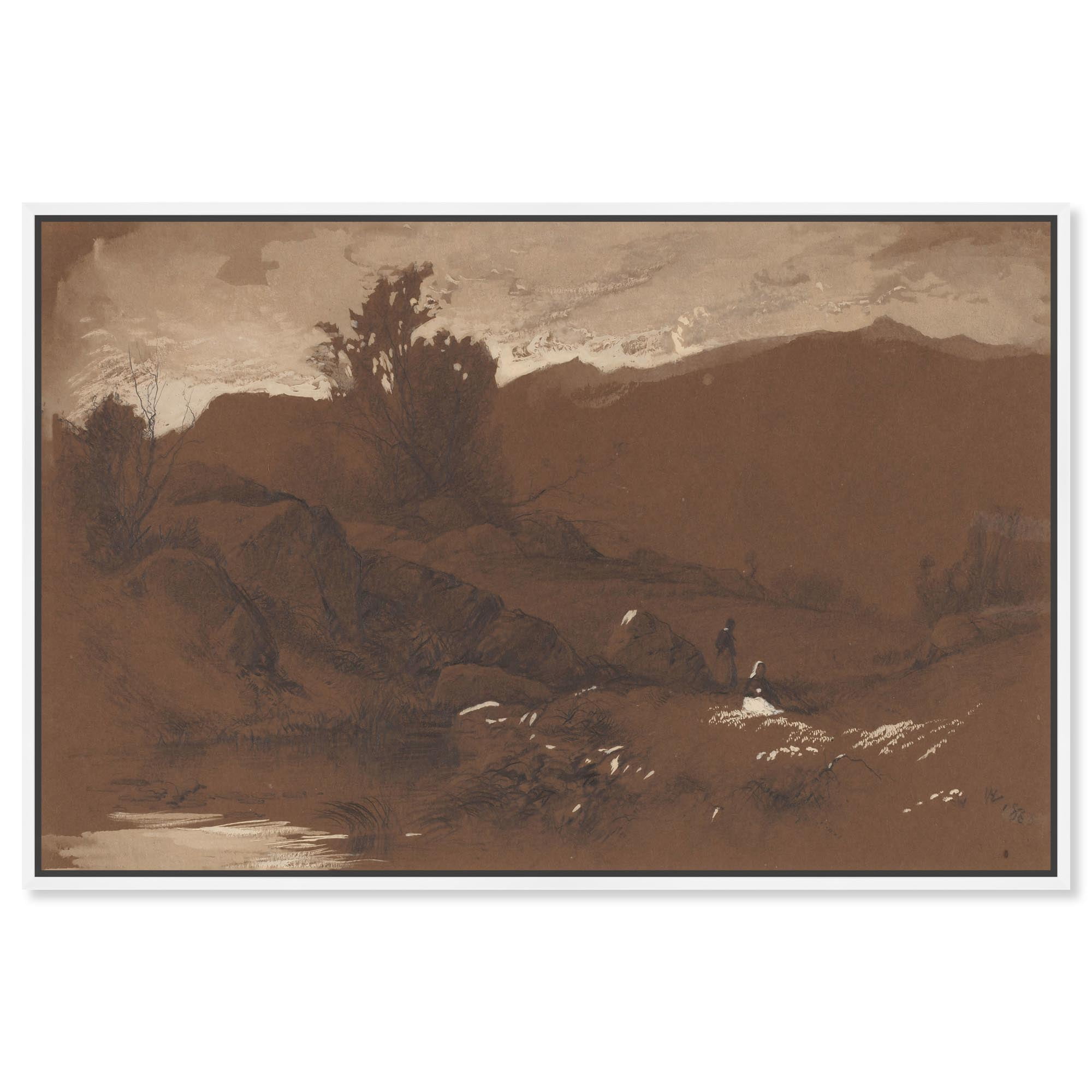 Vintage Brown Landscape Canvas Art with White Frame, 15" x 10"