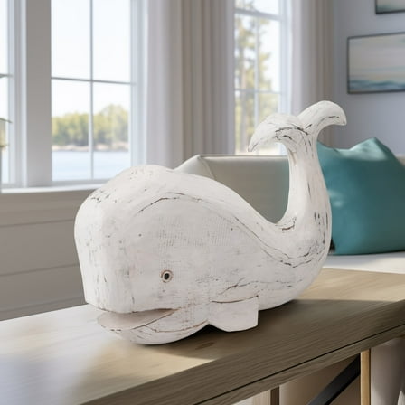 Figurine Albasia Wood Distressed Whale Coastal Decor for Home or Office - 9" White