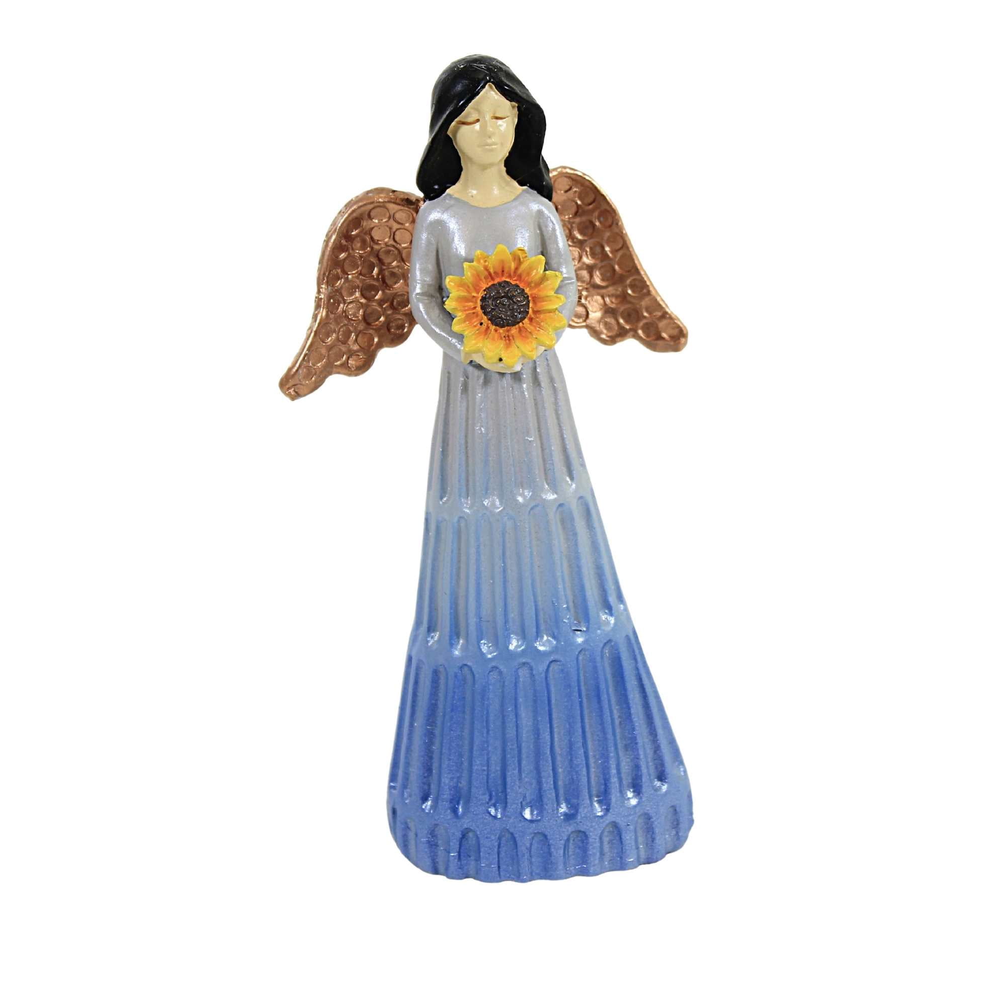 Small Blue and Copper Resin Angel Figurine with Sunflower