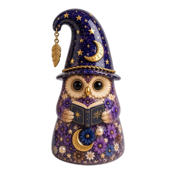 Figurine Decor Whimsical Celestial Owl Statue Purple and Gold Floral Accent Piece for Bedroom Desk and Home Display