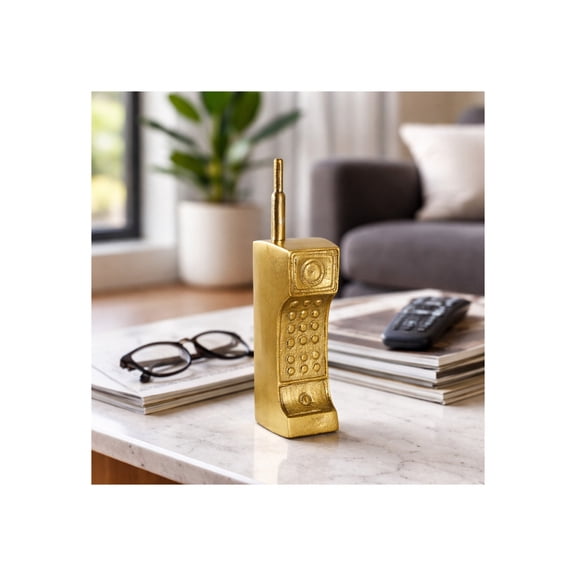 Decorative Metal Cordless Phone Figurine for Home Decor - Contemporary Ornament for Bathroom, Office, and Coffee Table Display - Vintage Inspired Sculpture for Shelf or Living Room Decor - 8", Gold