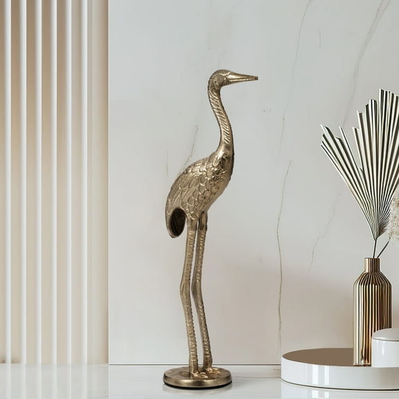 Figurine Metal Wood Aluminum Crane Shape with Detailed Feathers Freestanding Boho Accent for Home Office Bedroom or Living Room Decor - 16" Gold