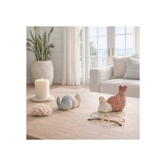 Decorative Mermaids Figurines for Home Decor - Coastal Sculpture for Bathroom, Office, and Living Room Accent - Ornaments for Shelf or Coffee Table Display - Set of 2 - 5", 3", White & Blue