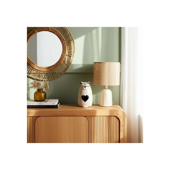 Figurine Stoneware Ceramic Cat with Glasses and Heart Detail Boho Decor for Home Office Bedroom Living Room Display - 6" Black & White