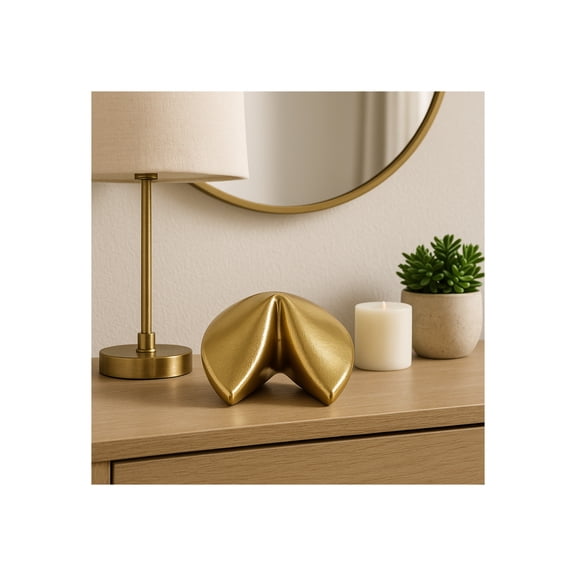 Modern Metal Fortune Cookie Sculpture Figurine for Home Decor - Decorative Ornaments for Bathroom, Office, or Living Room - Unique Statue Accent for Shelf or Coffee Table Decor - 3", Gold