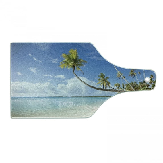 Fiji Cutting Board, Tropical Scene of Long Palm Leaves and the Beach, Decorative Tempered Glass Cutting and Serving Board, in 3 Sizes, by Ambesonne