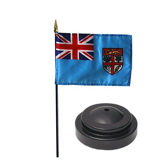 Fiji Desk Flag with Base; American Made Rayon 4x6 inch Miniature Table Set Includes One Small Mini Country Stick Flags and One Black Stand (Fiji Desk Flag and Base)