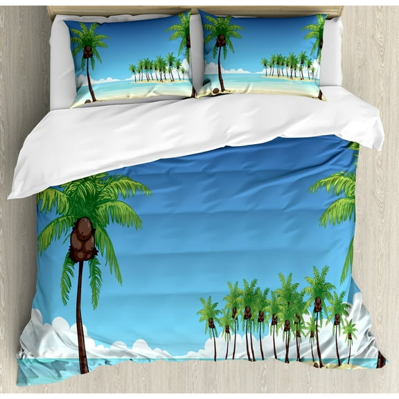 Fiji Duvet Cover Set, Illustration of Many Coconut Palm Trees on an Island Away in the Ocean, Decorative 3 Piece Bedding Set with 2 Pillow Shams, Calking Size, Azure Blue Multicolor, by Ambesonne