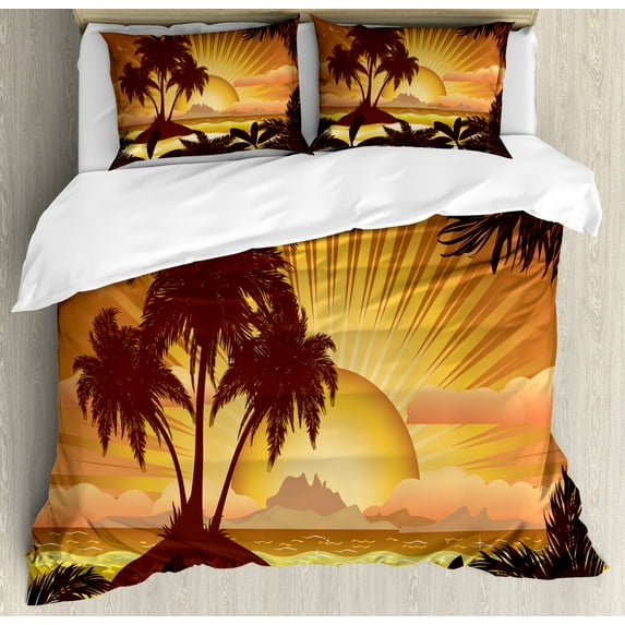 Fiji Duvet Cover Set King Size, Digital Graphics of a Sunset Landscape on an Island Eccentric Vacation Spots Palms, Decorative 3 Piece Bedding Set with 2 Pillow Shams, Multicolor, by Ambesonne
