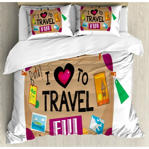 Fiji Duvet Cover Set Queen Size, Funky Calligraphy on a Luggage with I Love to Travel Lettering, Decorative 3 Piece Bedding Set with 2 Pillow Shams, Dark Sand Brown and Multicolor, by Ambesonne