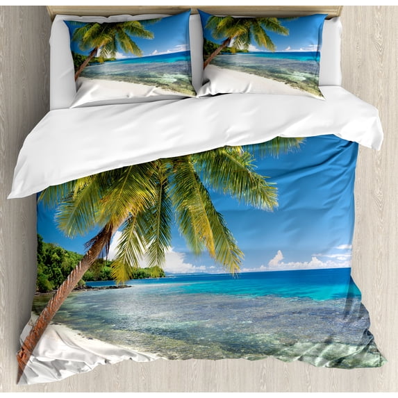 Fiji Duvet Cover Set, Real Life Image of an Island with a Sky Paradise for Travelers, Decorative 3 Piece Bedding Set with 2 Pillow Shams, Calking Size, Azure Blue Multicolor, by Ambesonne