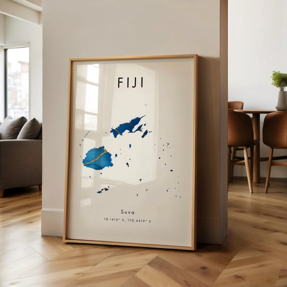 Fiji Map PRINTED Poster Blue and Gold Oceania Wall Art Print Home Decor Geography Map Gift Wallpaper
