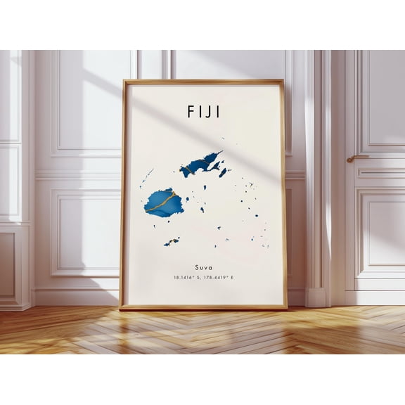 Fiji Map Poster Blue and Gold Oceania Wall Art Print Home Decor Geography Map Gift Wallpaper
