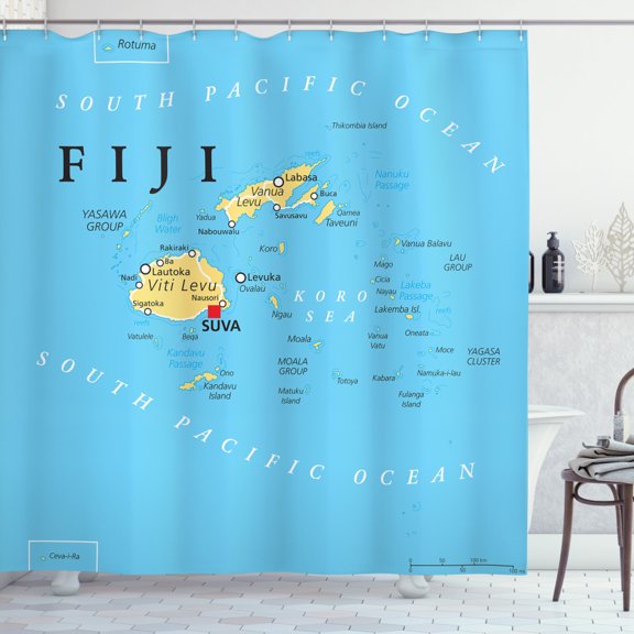 Fiji Shower Curtain, Political Map with Capital Suva and Main Cities, Fabric Bathroom Set with Hooks, 69W X 75L Inches Long, Deep Sky Blue Mustard Charcoal Grey Dark Coral, by Ambesonne