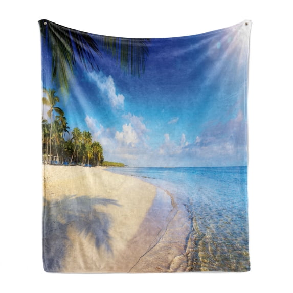 Fiji Soft Flannel Fleece Blanket, Picturesque of Summer Time Peaceful Setting out in the Open Tropical Vibes, Cozy Plush for Indoor and Outdoor Use, 50" x 60", Azure Blue Multicolor, by Ambesonne
