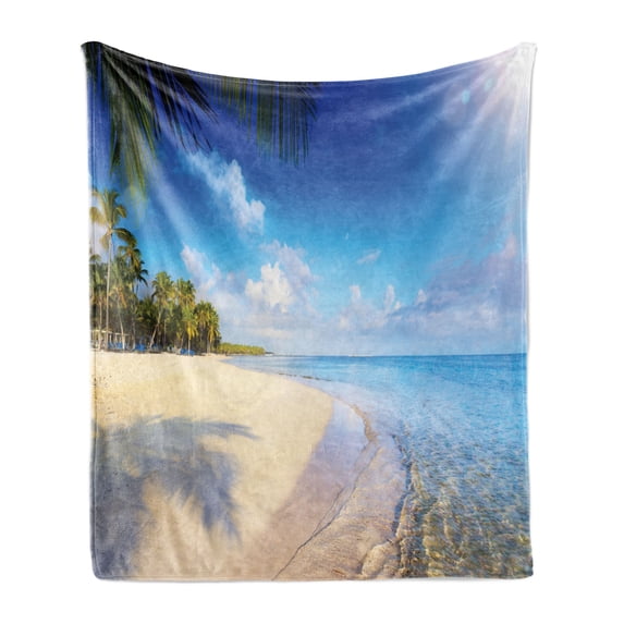 Fiji Soft Flannel Fleece Blanket, Picturesque of Summer Time Peaceful Setting out in the Open Tropical Vibes, Cozy Plush for Indoor and Outdoor Use, 70" x 90", Azure Blue Multicolor, by Ambesonne