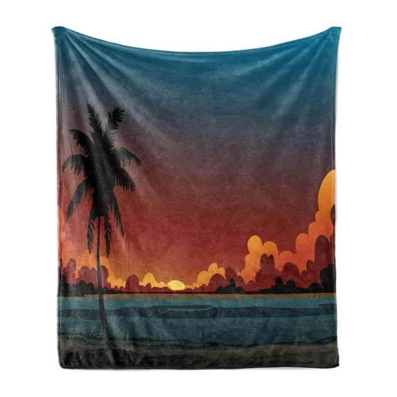Fiji Soft Flannel Fleece Throw Blanket, Dramatic Illustration of a Sunset Scene, Cozy Plush for Indoor and Outdoor Use, 70" x 90", Multicolor, by Ambesonne