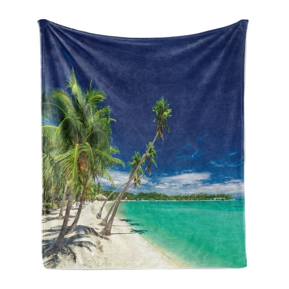 Fiji Soft Flannel Fleece Throw Blanket, Exotic Beach with Long Coconut Trees over the Lagoon, Cozy Plush for Indoor and Outdoor Use, 50" x 70", Night Blue Turquouise, by Ambesonne