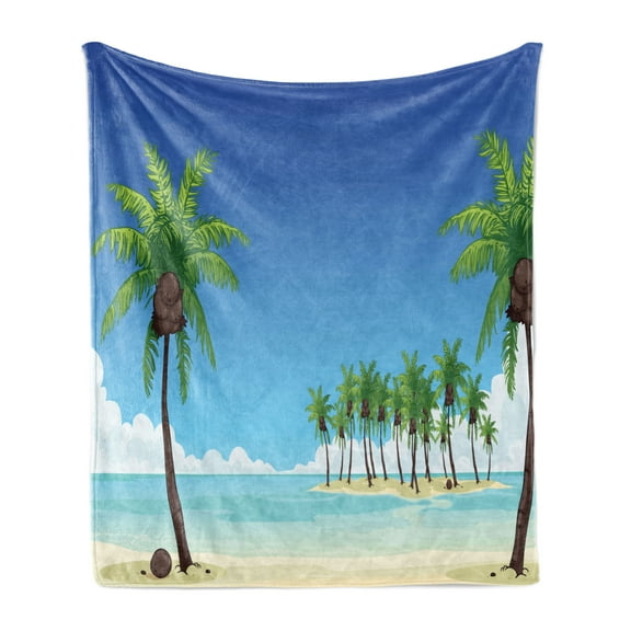 Fiji Soft Flannel Fleece Throw Blanket, Illustration of Many Coconut Palm Trees on an Island Away in the Ocean, Cozy Plush for Indoor and Outdoor Use, 70" x 90", Azure Blue Multicolor, by Ambesonne