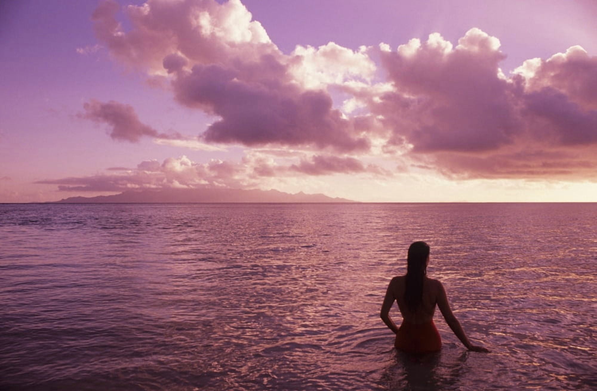 Fiji Wakaya Island Woman In Ocean Silhouetted At Sunset Canvas Art - Larry Dale Gordon Design Pics (17 x 11)