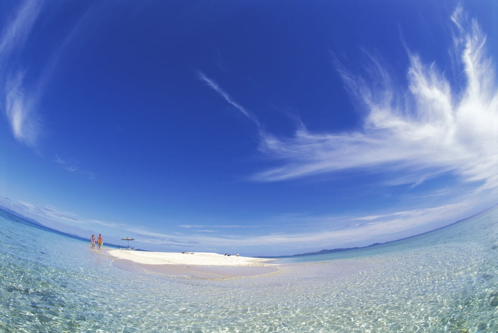 Fiji Wide Angle Couple Walk Small Sand Island With Snorkel Gear Blue Sky Tropical Calm Ocean Private Canvas Art - Dave Fleetham Design Pics (19 x 12)