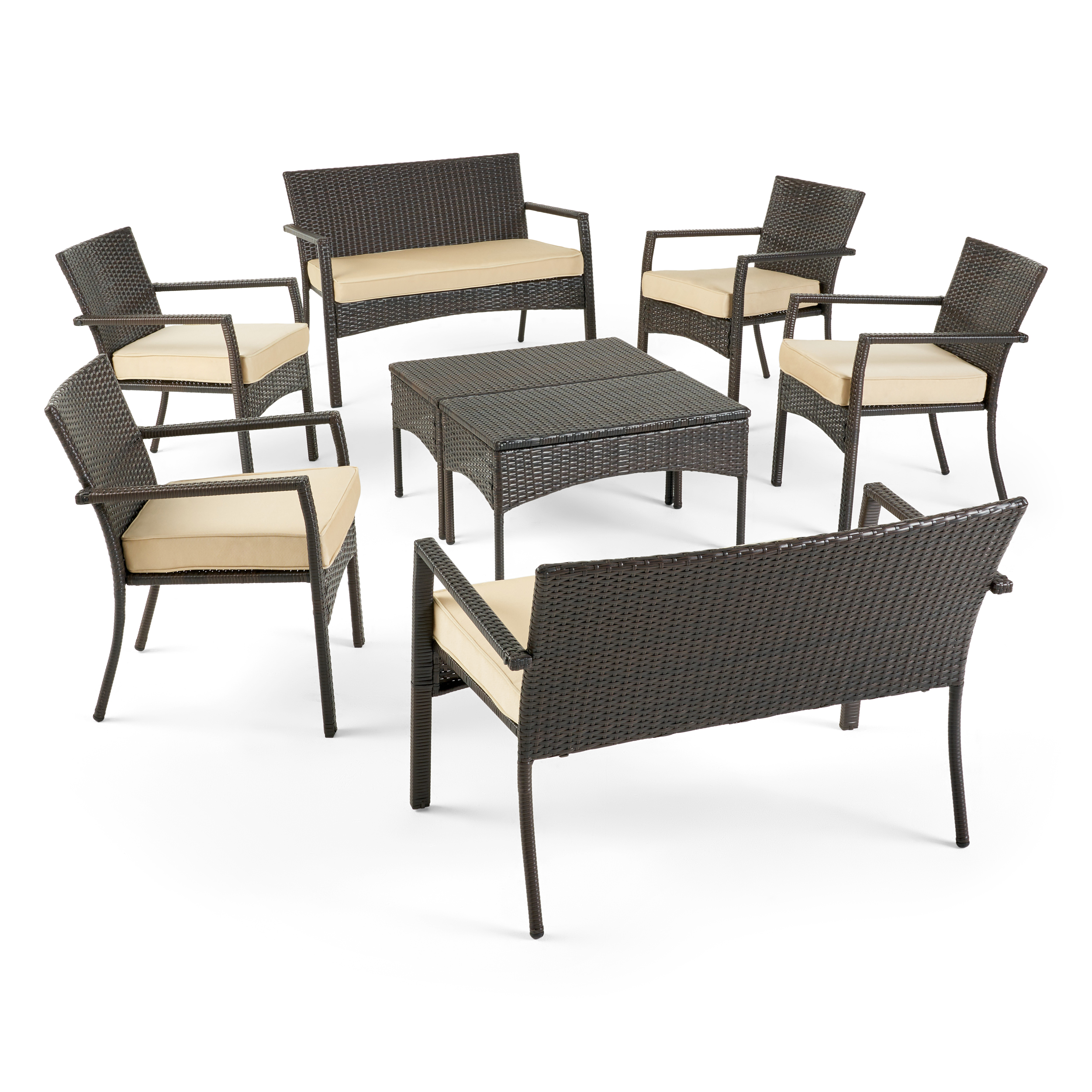 Fijian Outdoor 8 Seater Wicker Chat Set with Cushions, Multibrown and Dark Cream - image 1 of 10